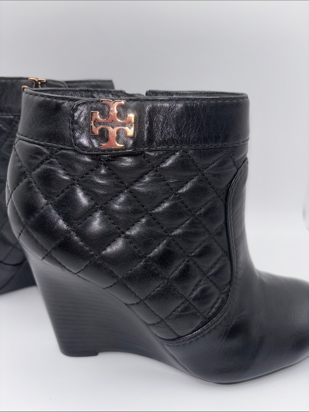 Tory Burch Black Quilted Leather Wedge Booties with Gold Logo - Picture 2 of 12